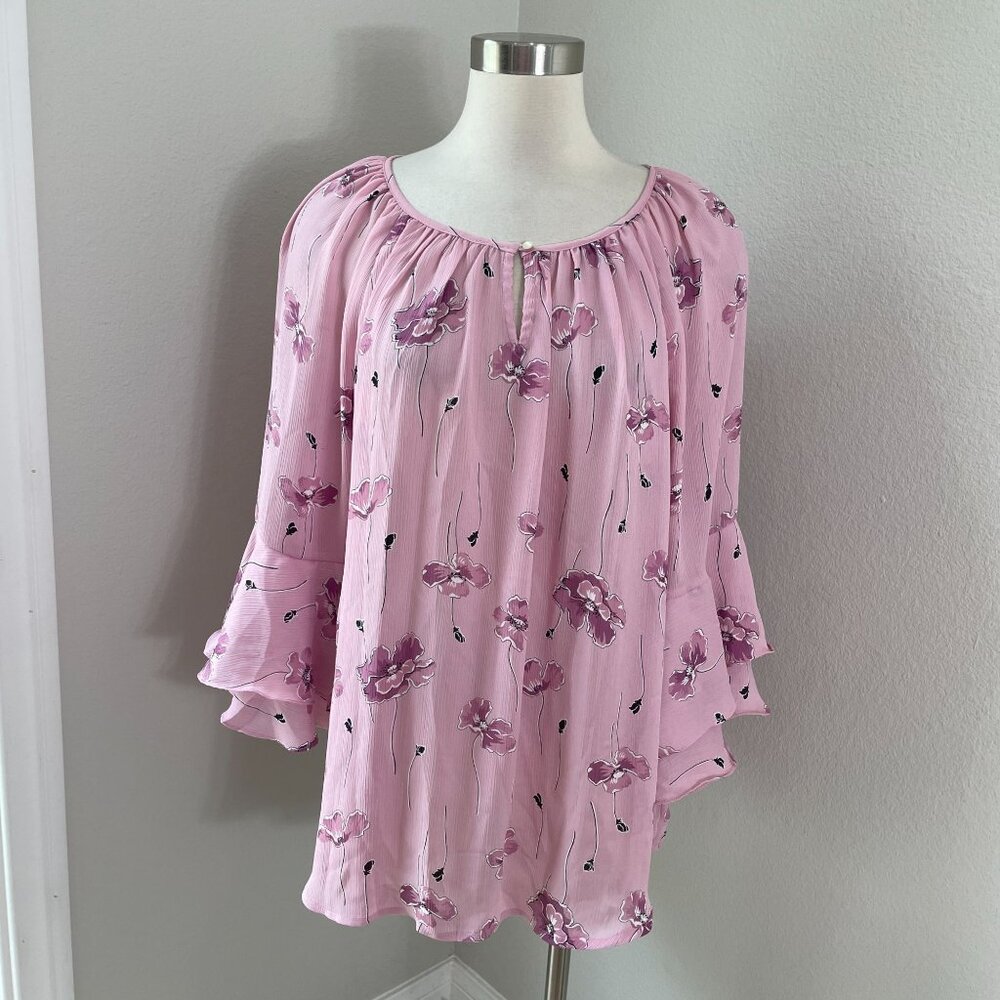 Chaps Womens Plus XXL Pink Boho Floral Blouse 3/4 Bell Sleeves Lightweight Top
